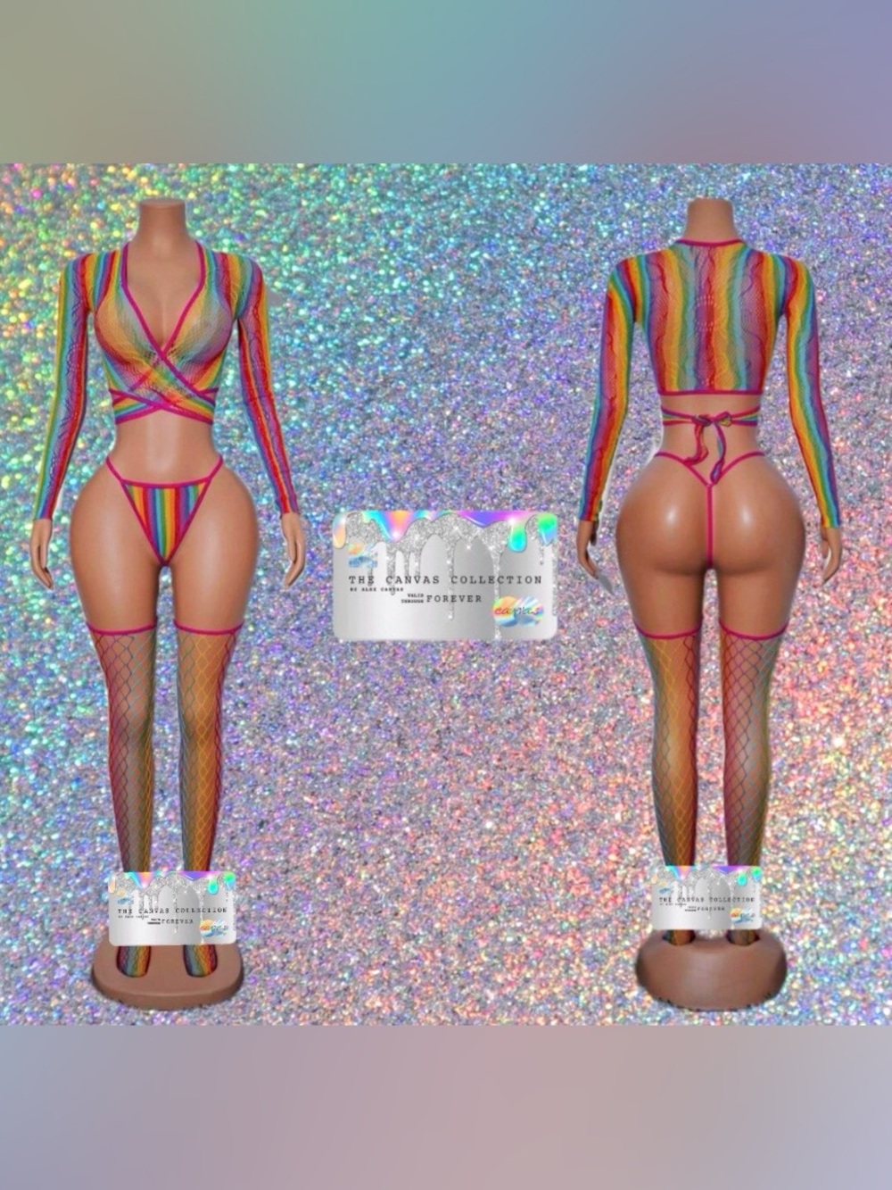 Exotic Dancewear: 3 piece Rainbow Striped Mesh Set